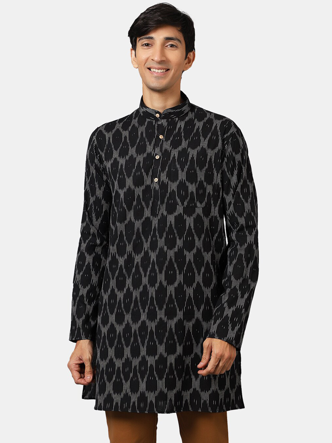 Wintage Men Black Geometric Ikat Kurta