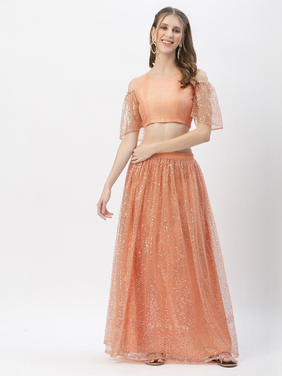 studio rasa Peach-Coloured Embroidered Sequinned Ready to Wear Lehenga & Choli
