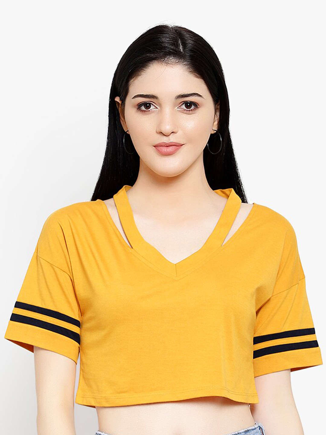 LE BOURGEOIS Mustard Yellow Loose Fit V-Neck Crop Top