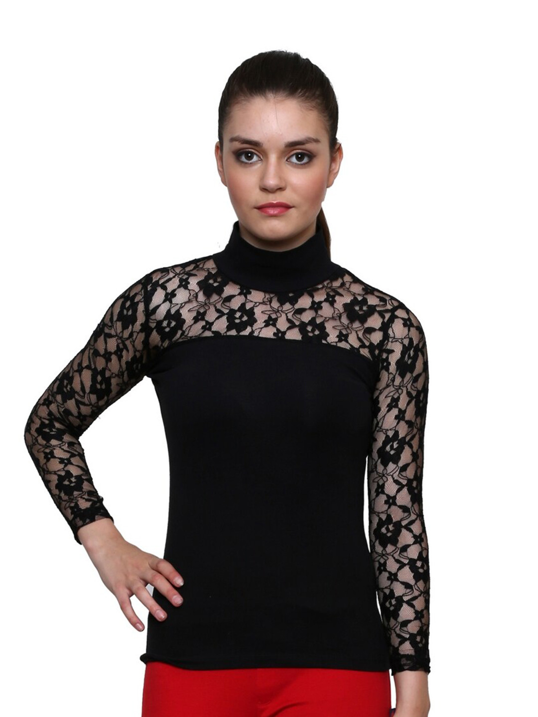 LE BOURGEOIS Black Solid Fit Full Sleeve Highneck Top