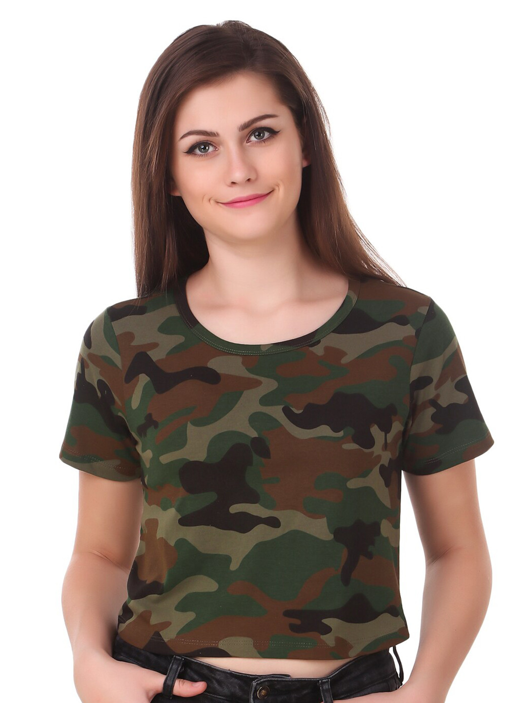 LE BOURGEOIS Olive Green & Brown Printed Crop Top