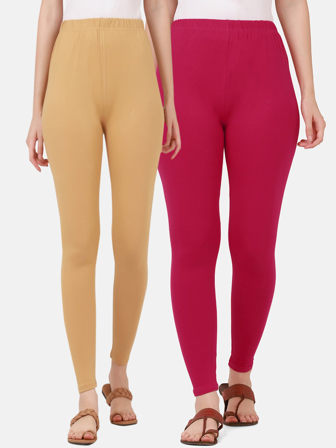 BUY NEW TREND Women Pack Of 2 Pink & Beige Solid Ankle-Length Pure Cotton Leggings