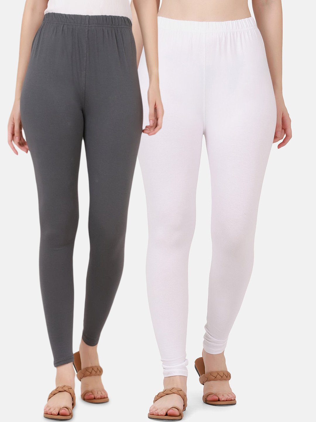 BUY NEW TREND Women Pack Of 2 White & Grey Solid Ankle-Length Leggings