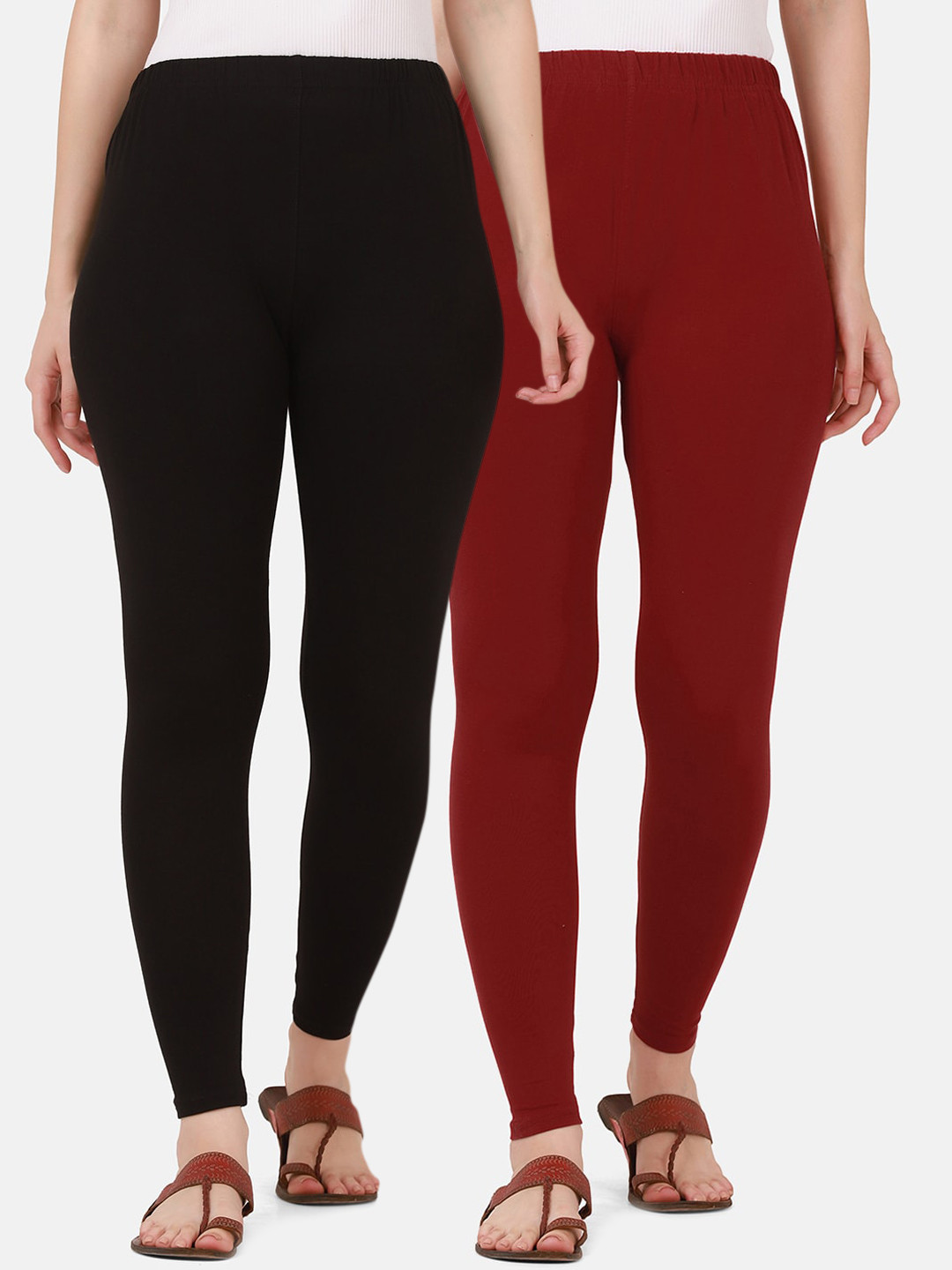BUY NEW TREND Women Pack Of 2 Solid Maroon & Black Pure Cotton Ankle-Length Leggings