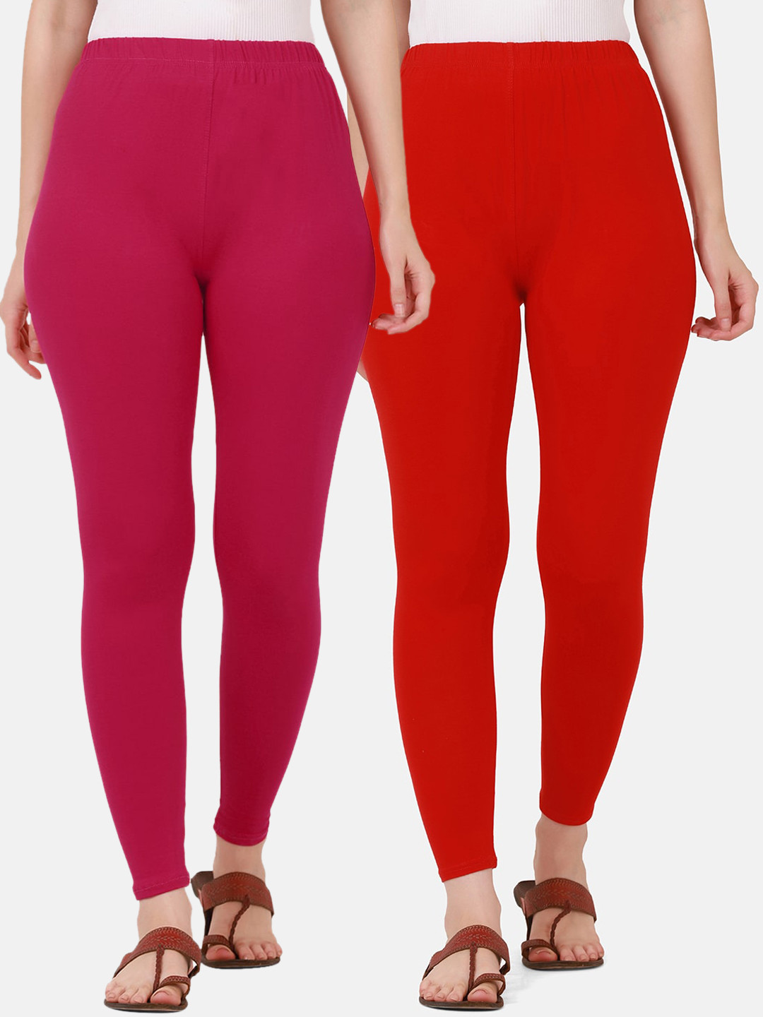 BUY NEW TREND Women Pack Of 2 Pink & Red Solid Pure Cotton Ankle Length Leggings