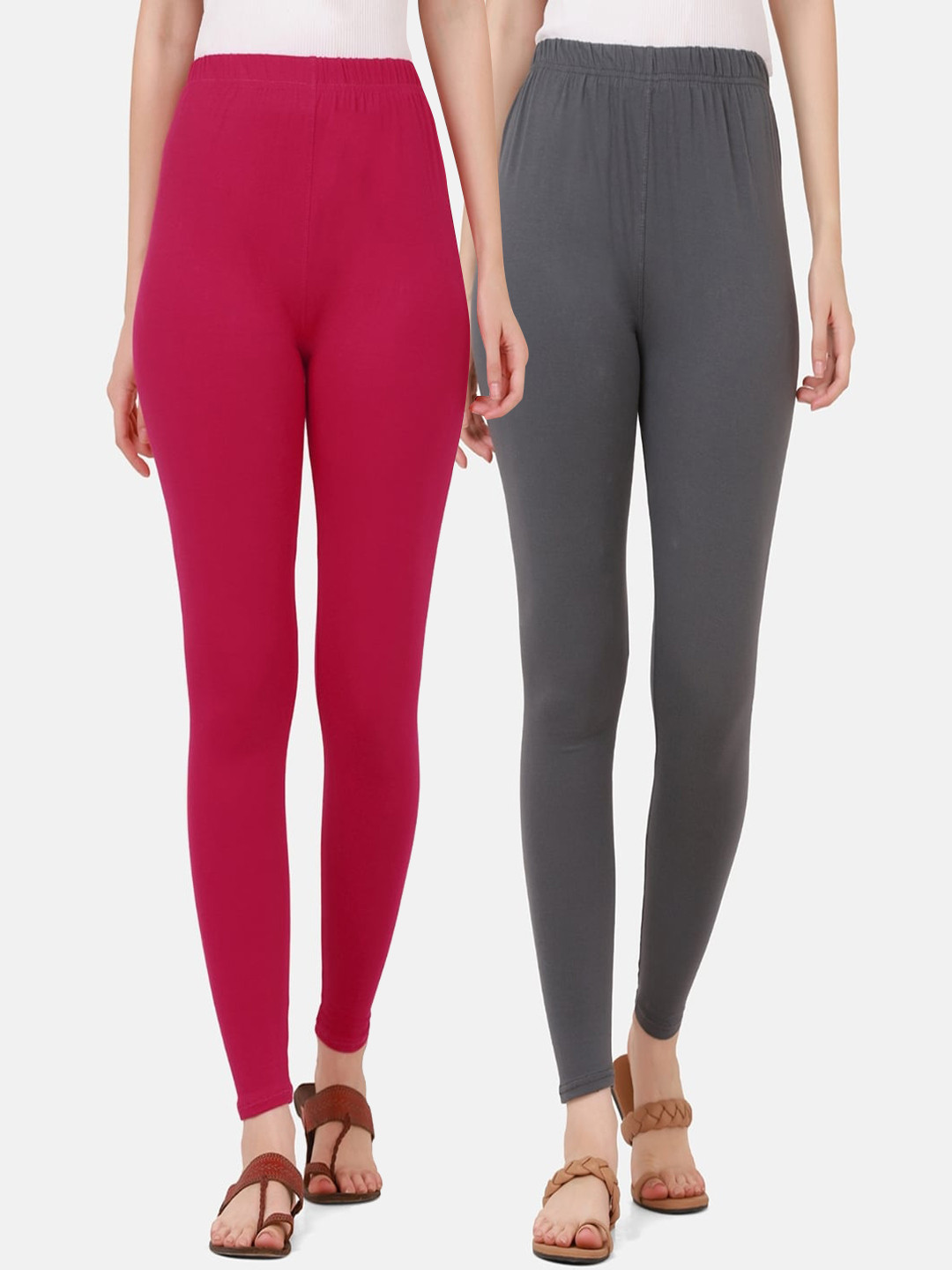 BUY NEW TREND Women Pack Of 2 Pink & Grey Solid Ankle-Length Pure Cotton Leggings