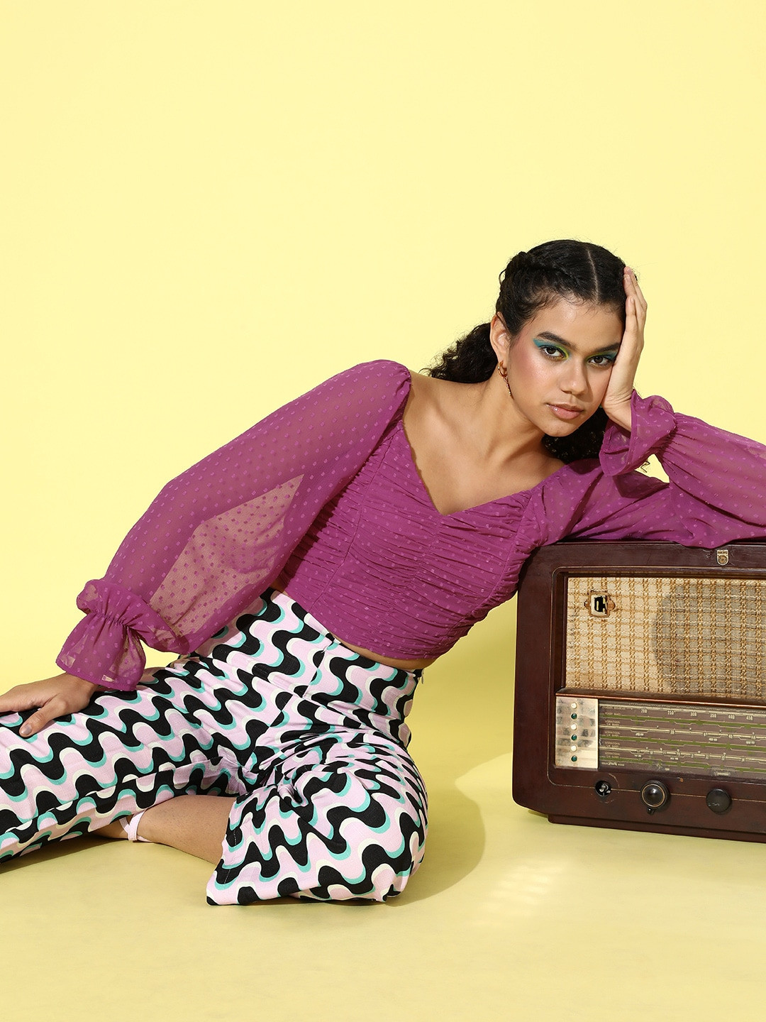 Dressberry Pink Ruched Crop Top with Smocking Detail