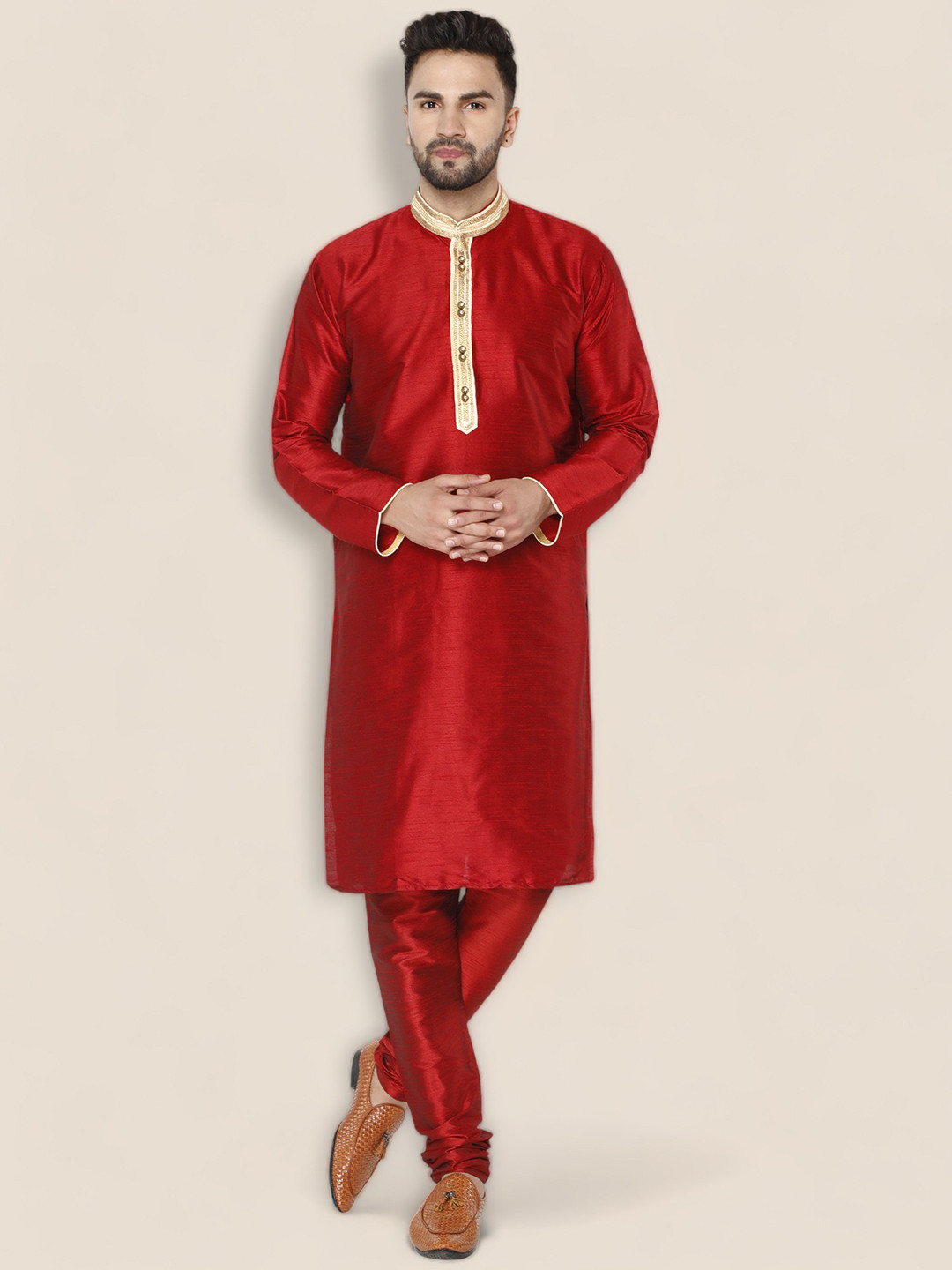 Enciger Men Red Thread Work Dupion Silk Kurta with Churidar