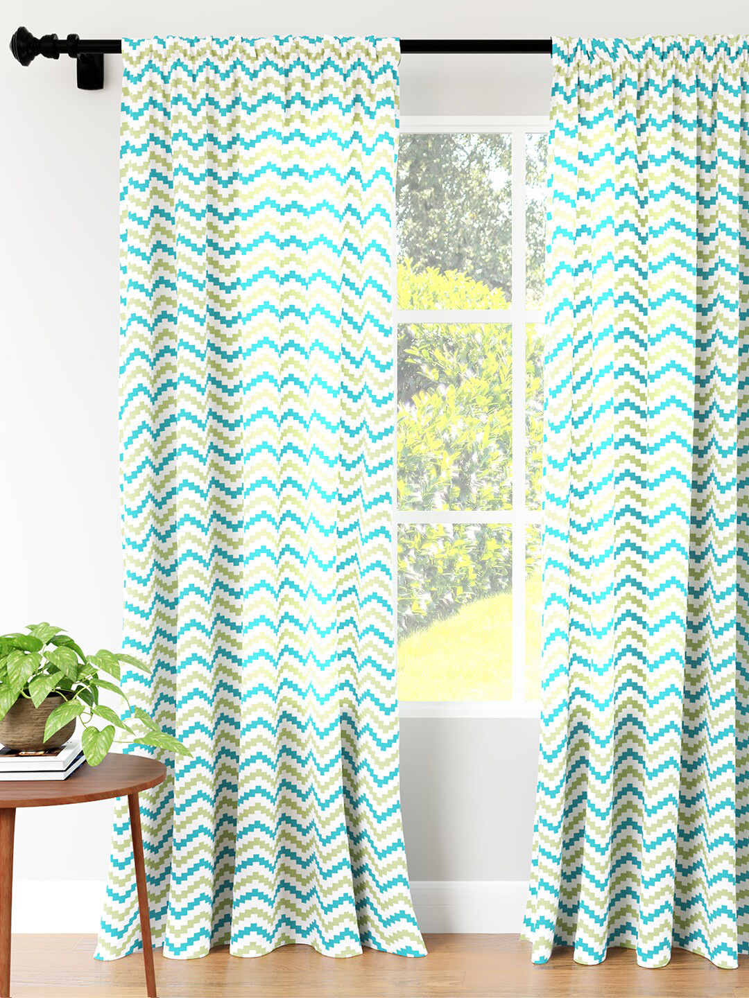 Encasa Homes Green & White Pack of 2 Geometric Door Curtain
