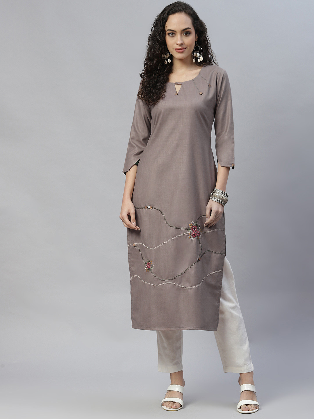 LAAKHI Women Brown Ethnic Motifs Embellished Keyhole Neck Kurta