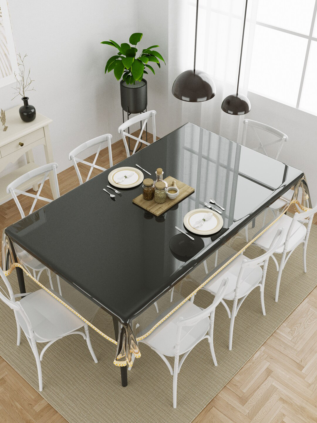 Clasiko Transparent & Gold Toned Anti Slip 8 Seater Table Cover