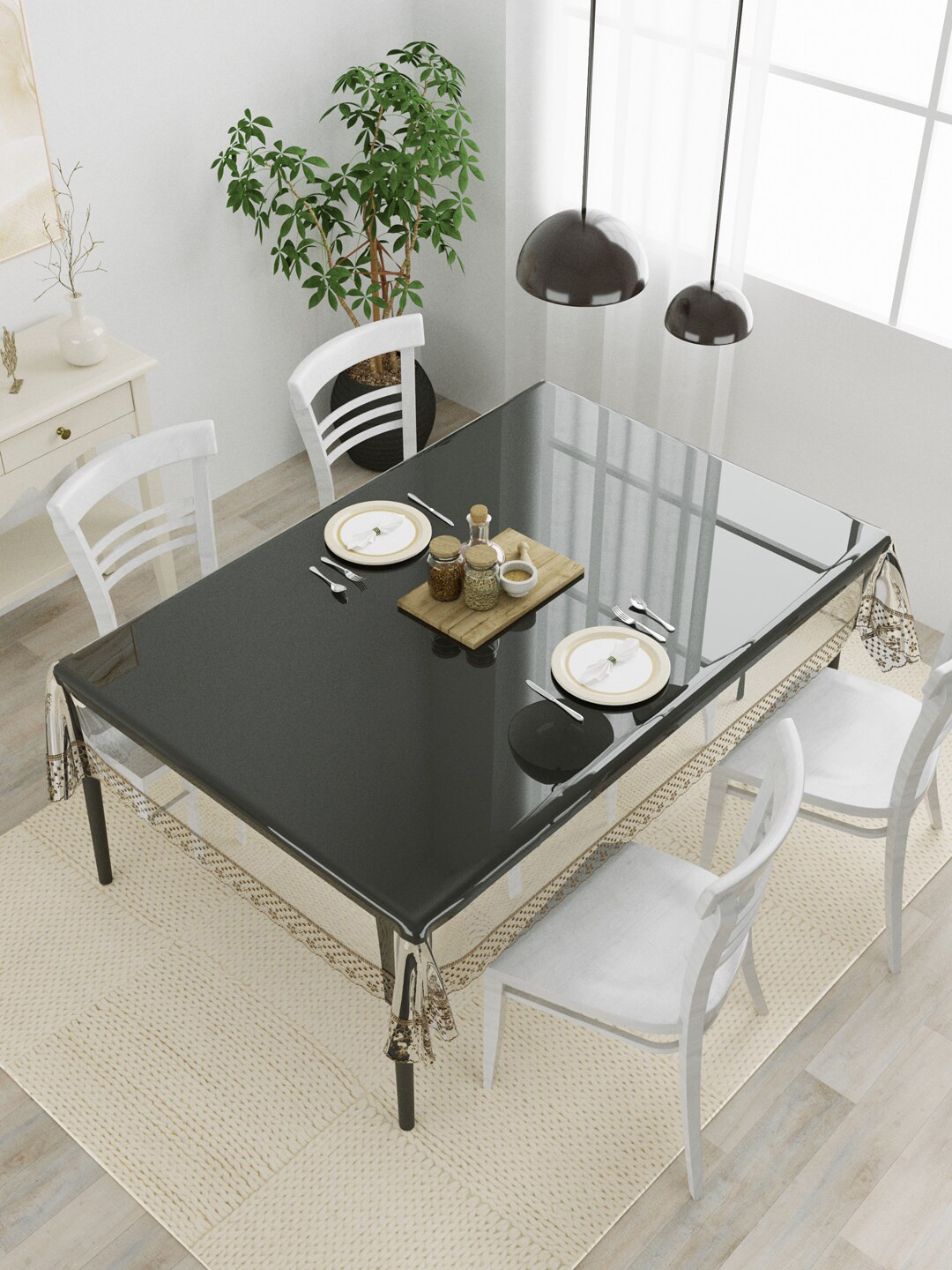 Clasiko Transparent & Brown Anti Slip 4 Seater Table Cover