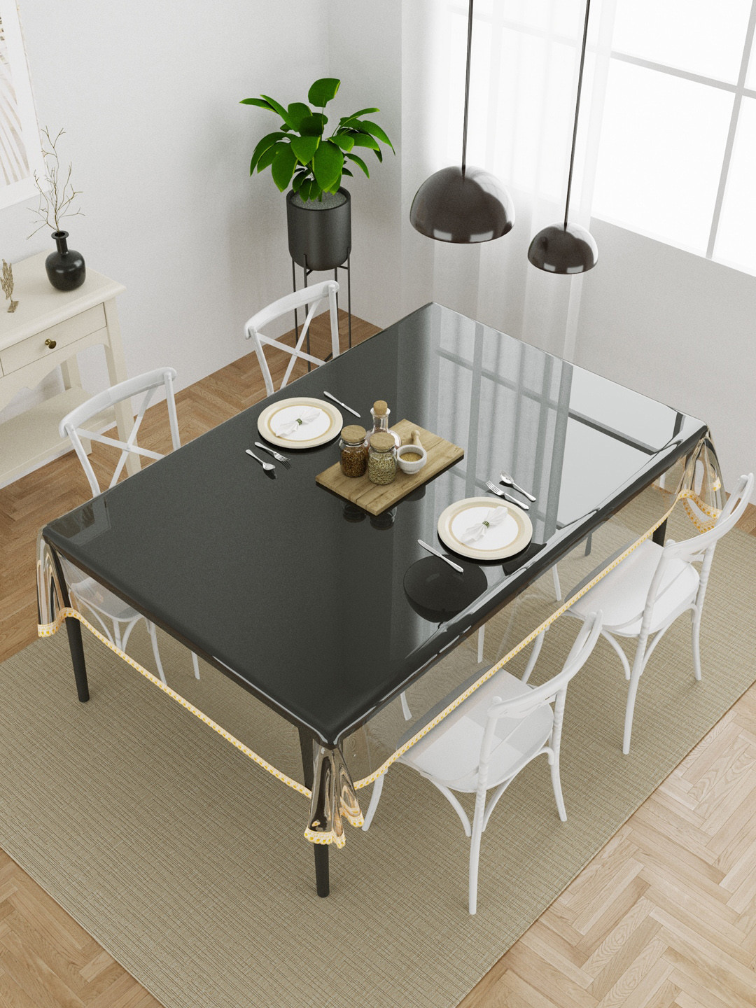 Clasiko Gold Toned & Transparent Anti Slip 4 Seater Table Cover
