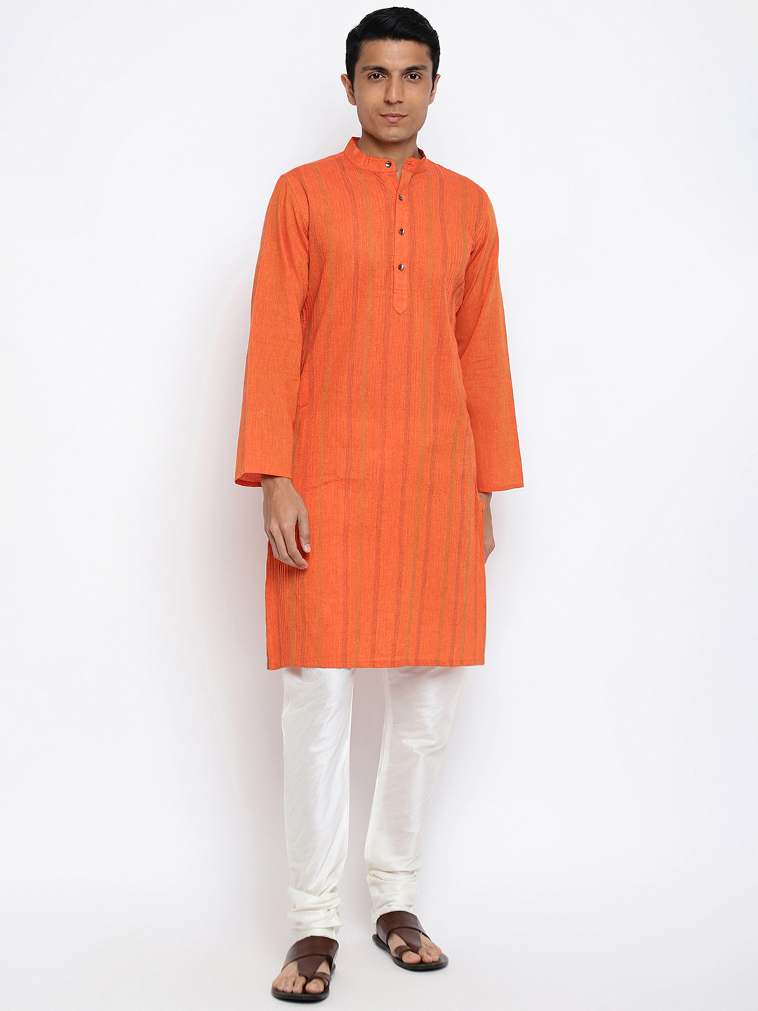 Fabindia Men Orange Striped Kurta