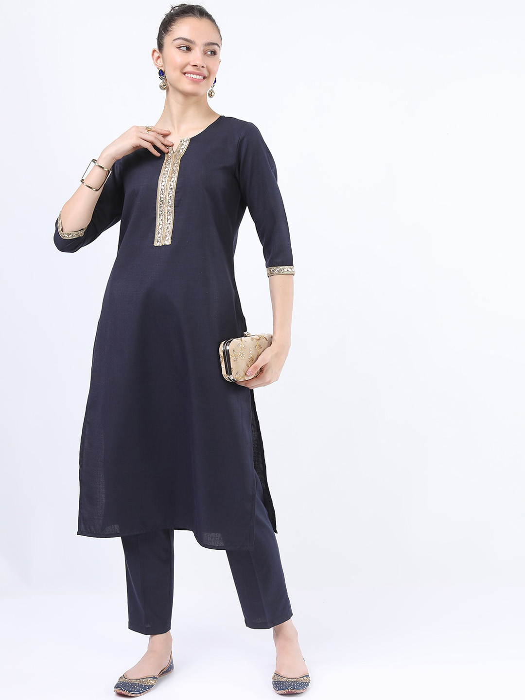 Vishudh Women Navy Blue Gotta Patti Kurta with Trousers