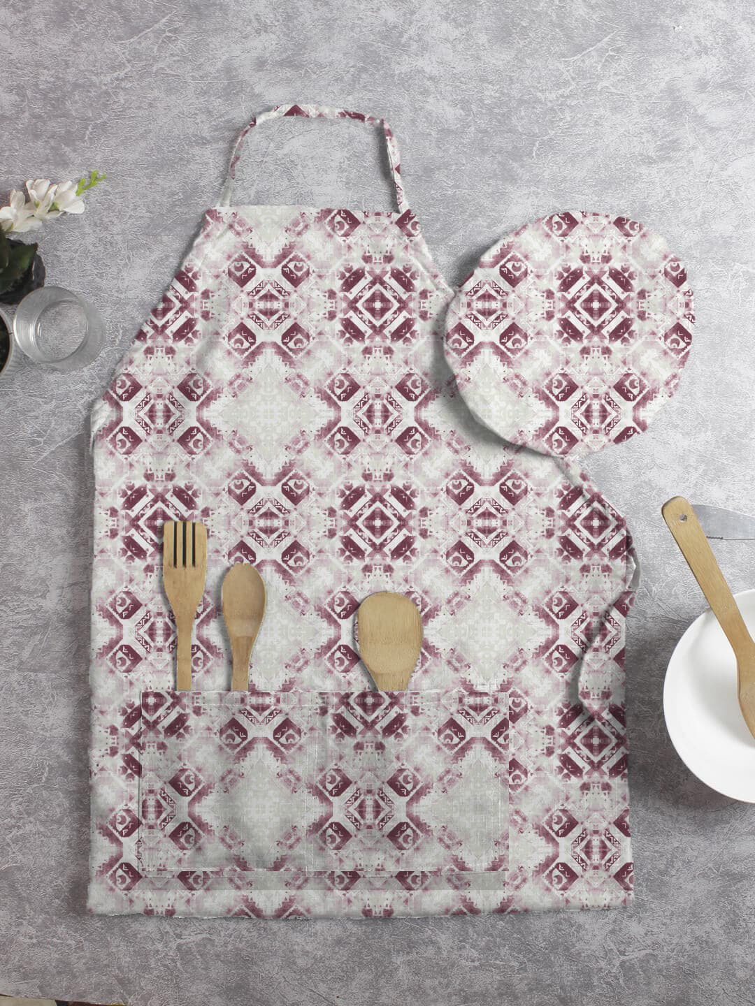 HOUZZCODE Purple & Cream Printed Apron With Cap