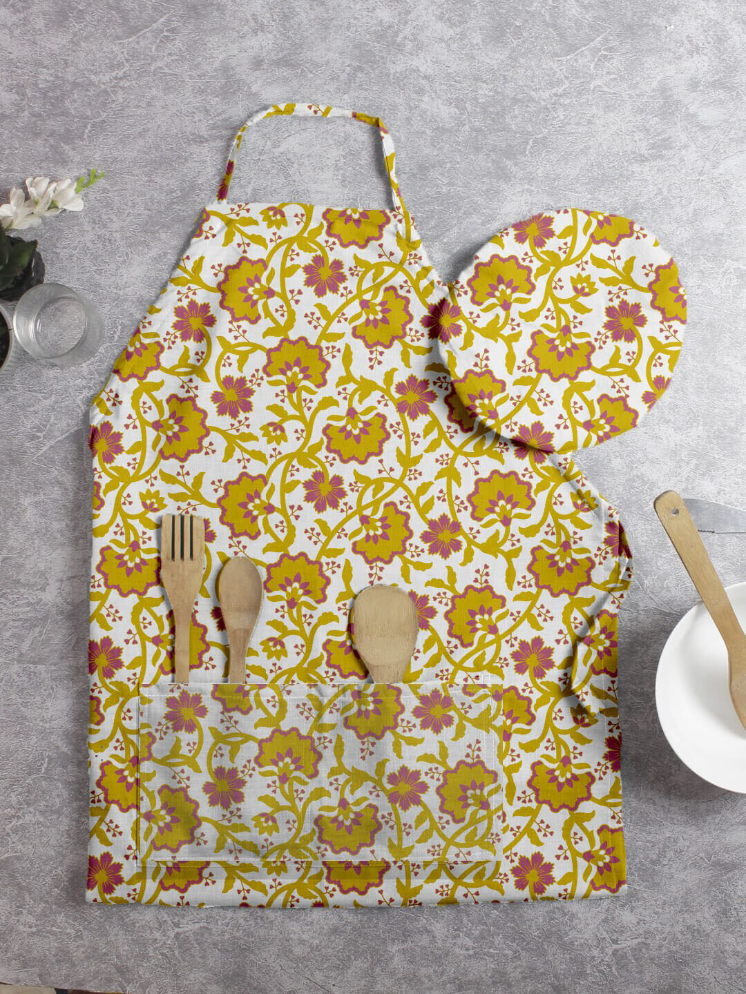 HOUZZCODE Yellow Floral Printed Apron With Cap