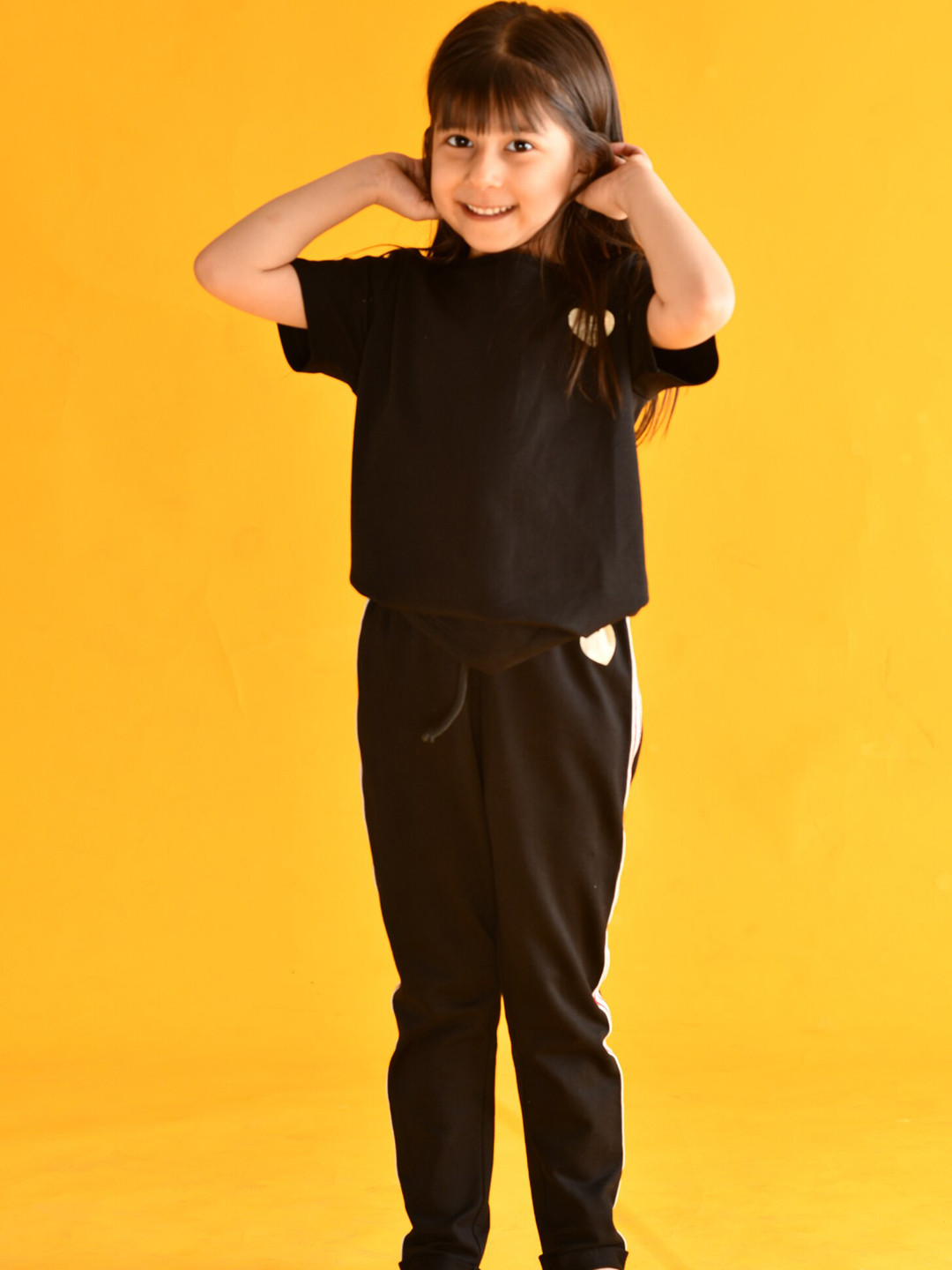 Anthrilo Girls Black Stripes Detail Terry Jogger Set