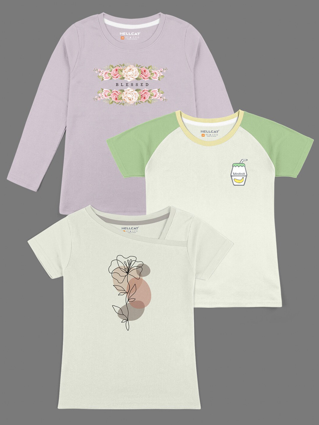 HELLCAT Girls Off White & Purple Pack Of 3 Printed T-shirt