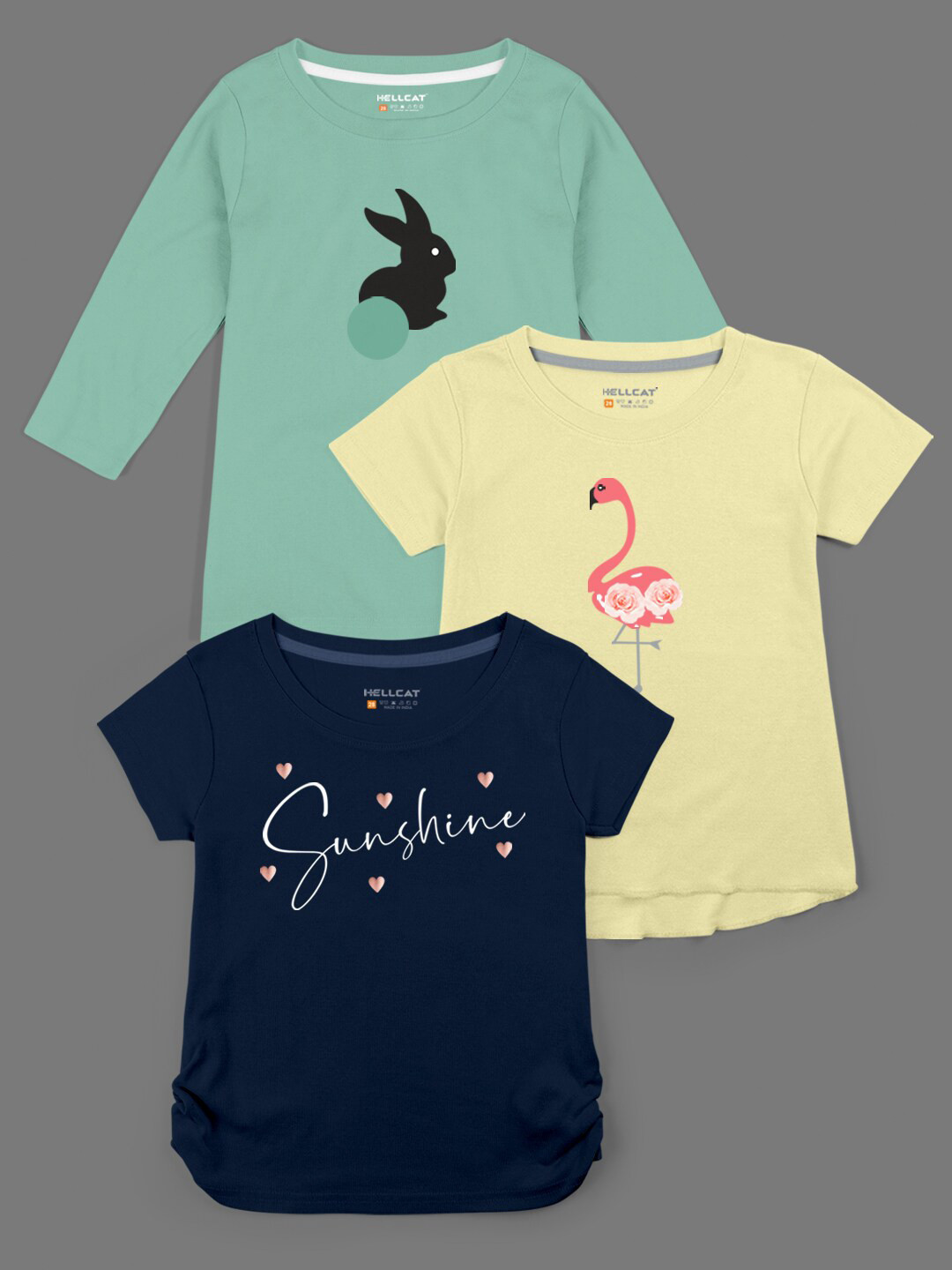 HELLCAT Girls Pack Of 3 Navy Blue Green & Yellow Printed Bio Finish T-shirt
