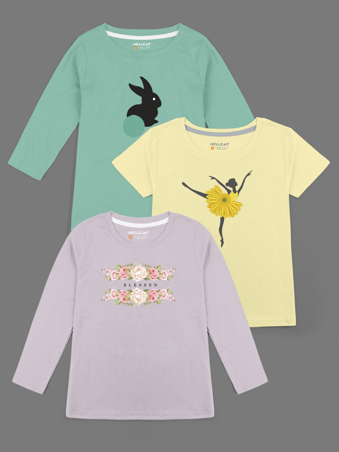 HELLCAT Girls Yellow 3 Printed Bio Finish T-shirt