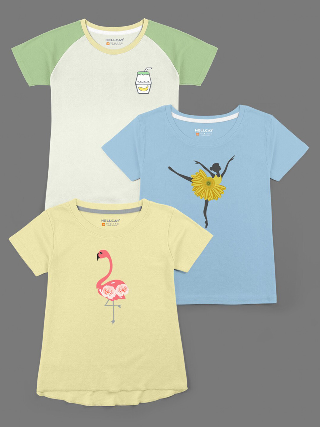 HELLCAT Girls Yellow 3 Printed Bio Finish Applique T-shirt