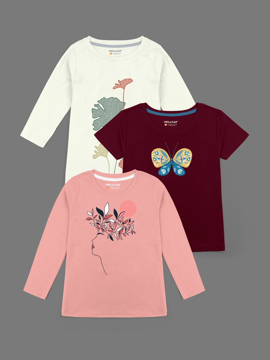 HELLCAT Girls Off White 3 Printed Bio Finish Applique T-shirt