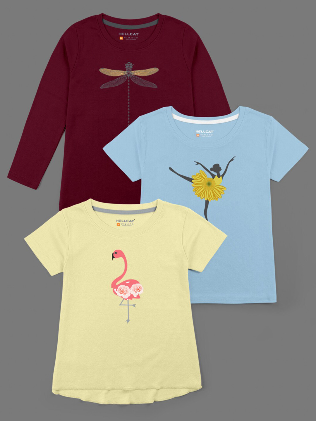 HELLCAT Girls Yellow Typography 3 Printed Bio Finish Applique T-shirt