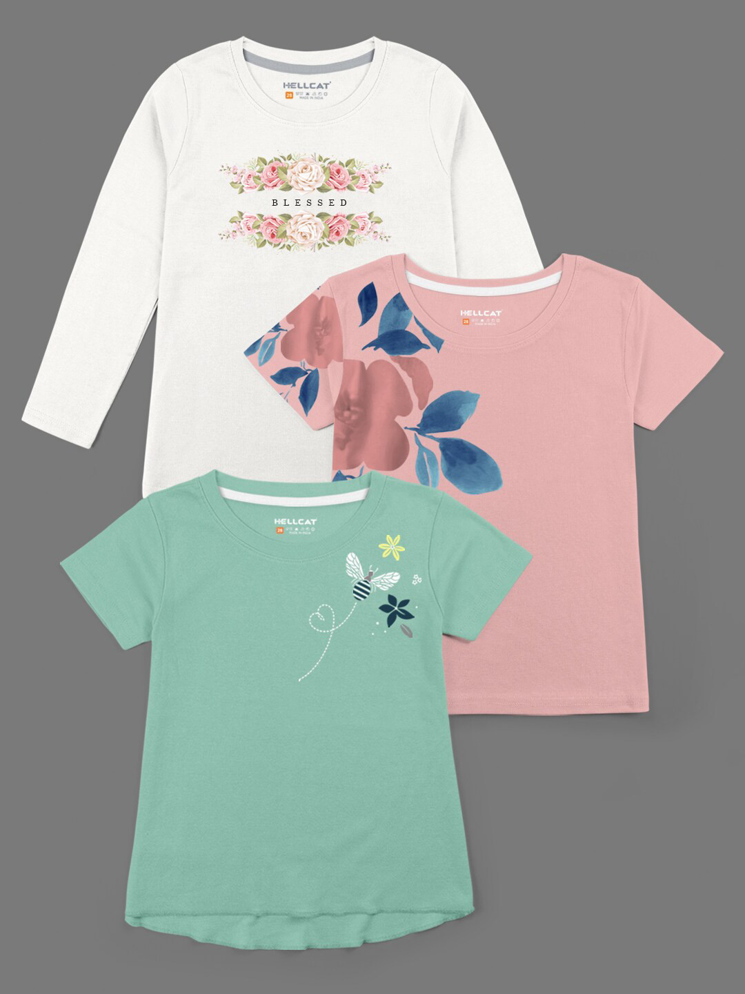 HELLCAT Girls Pack of 3 Peach-Coloured Graphic Printed Bio Finish T-shirt