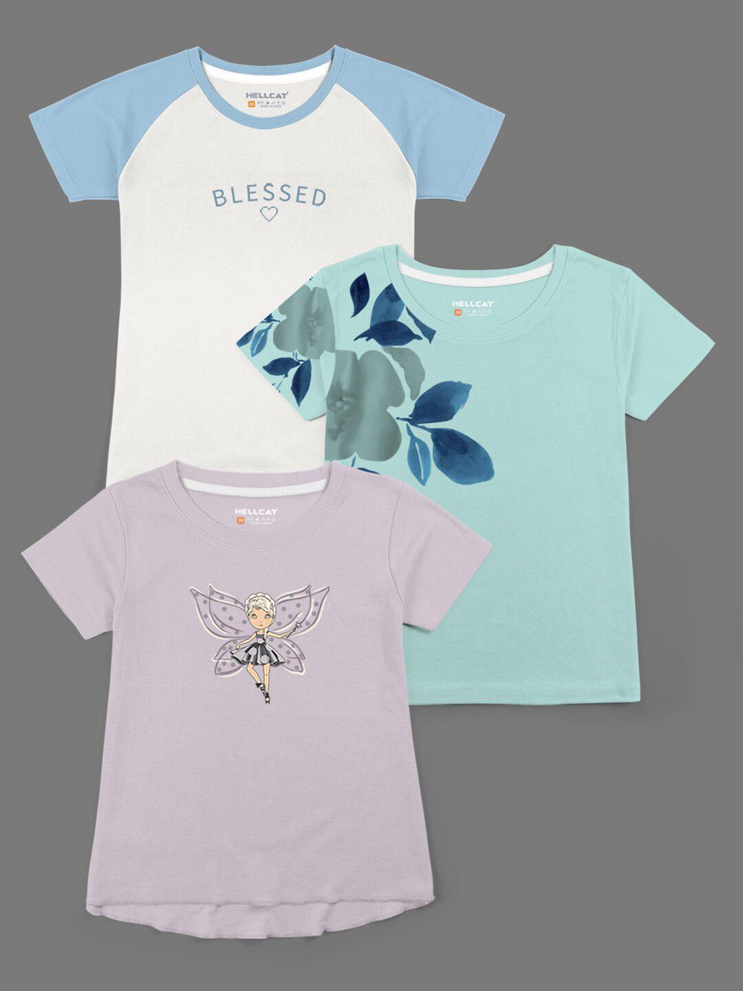HELLCAT Pack of 3 Girls Blue & Green Floral Printed Bio Finish T-shirt