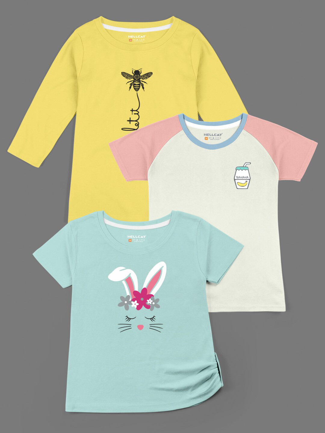 HELLCAT Pack of 3 Girls Green & Yellow Bio Finish T-shirt