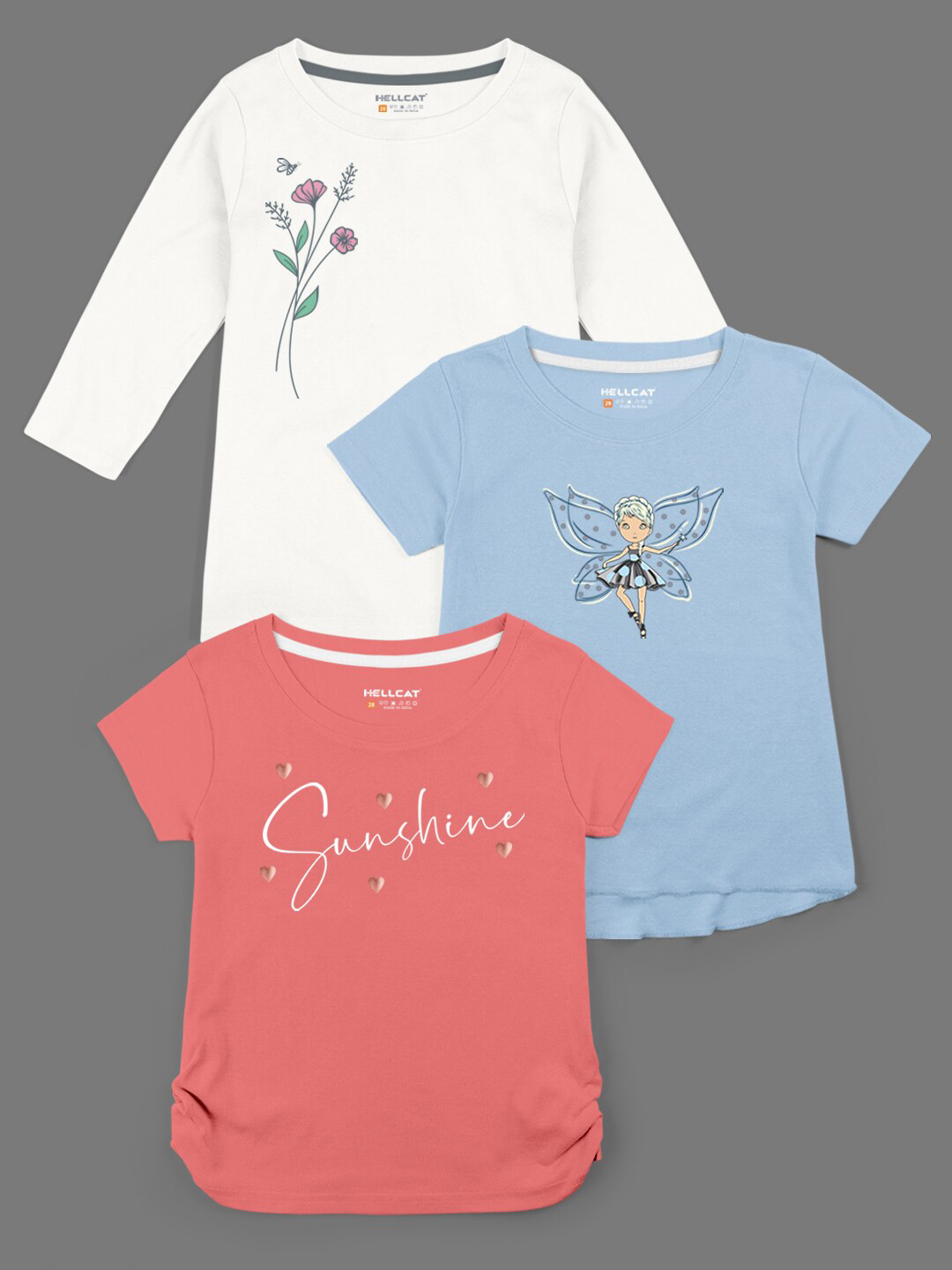 HELLCAT Pack of 3 Girls Coral & White Typography Printed Bio Finish T-shirt