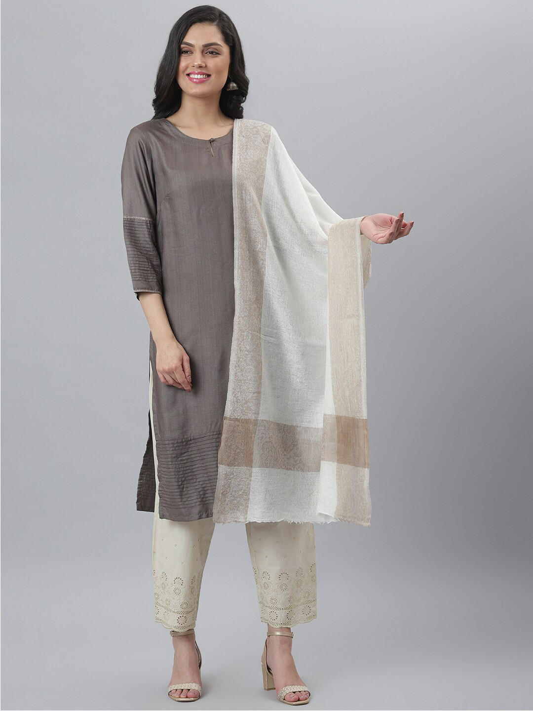 Zamour Women White & Brown Woven Design Wool Stole