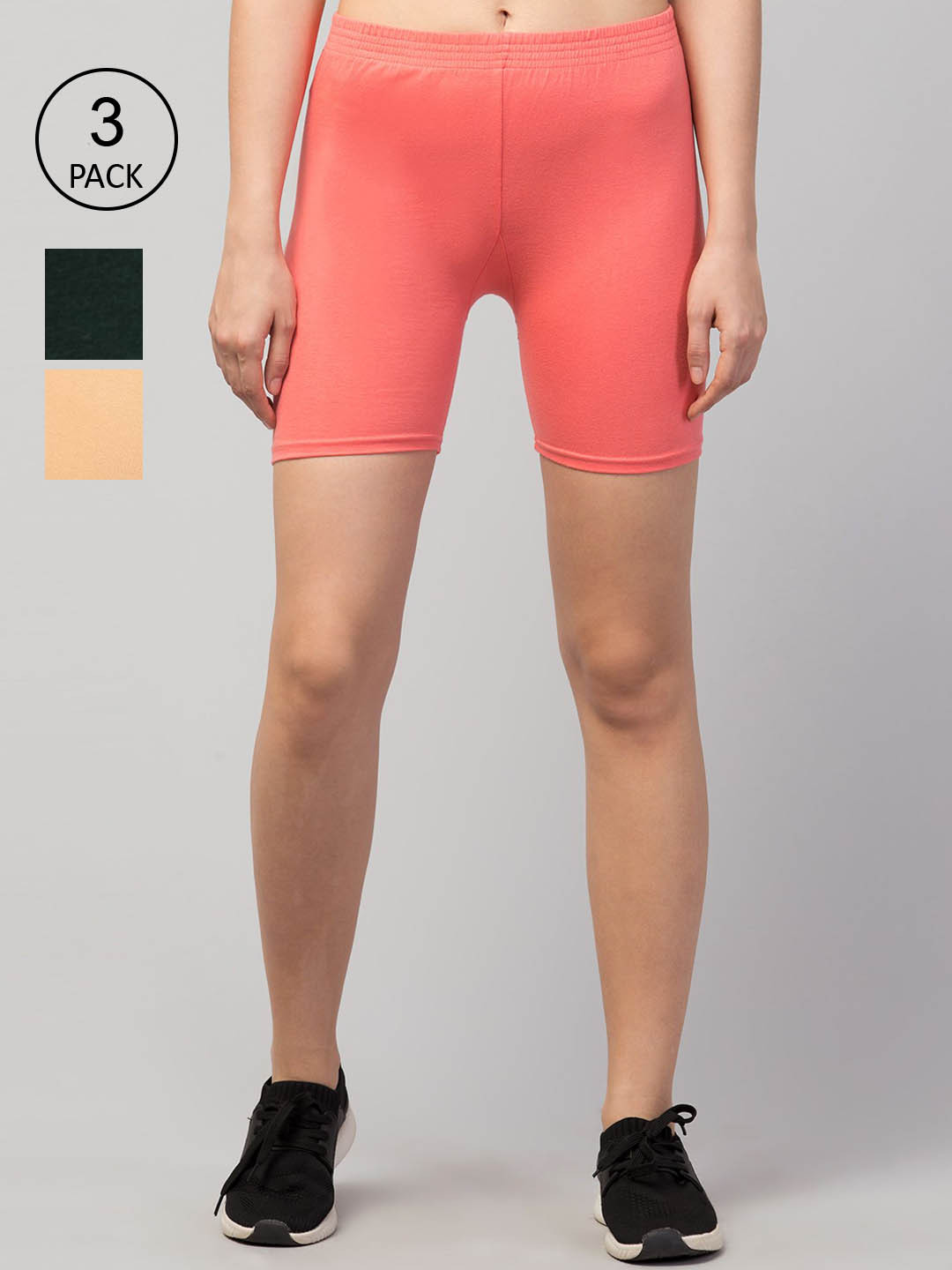 Apraa & Parma Pack of 3 Women Pink Solid Cotton Slim Fit Cycling Shorts
