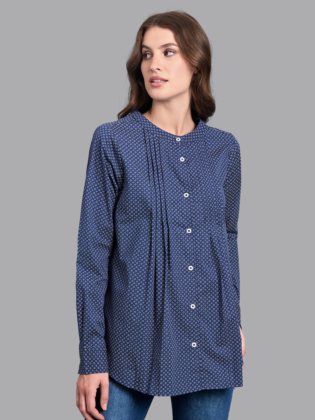 Beverly Hills Polo Club Women Navy Blue Floral Printed Pleated Casual Shirt