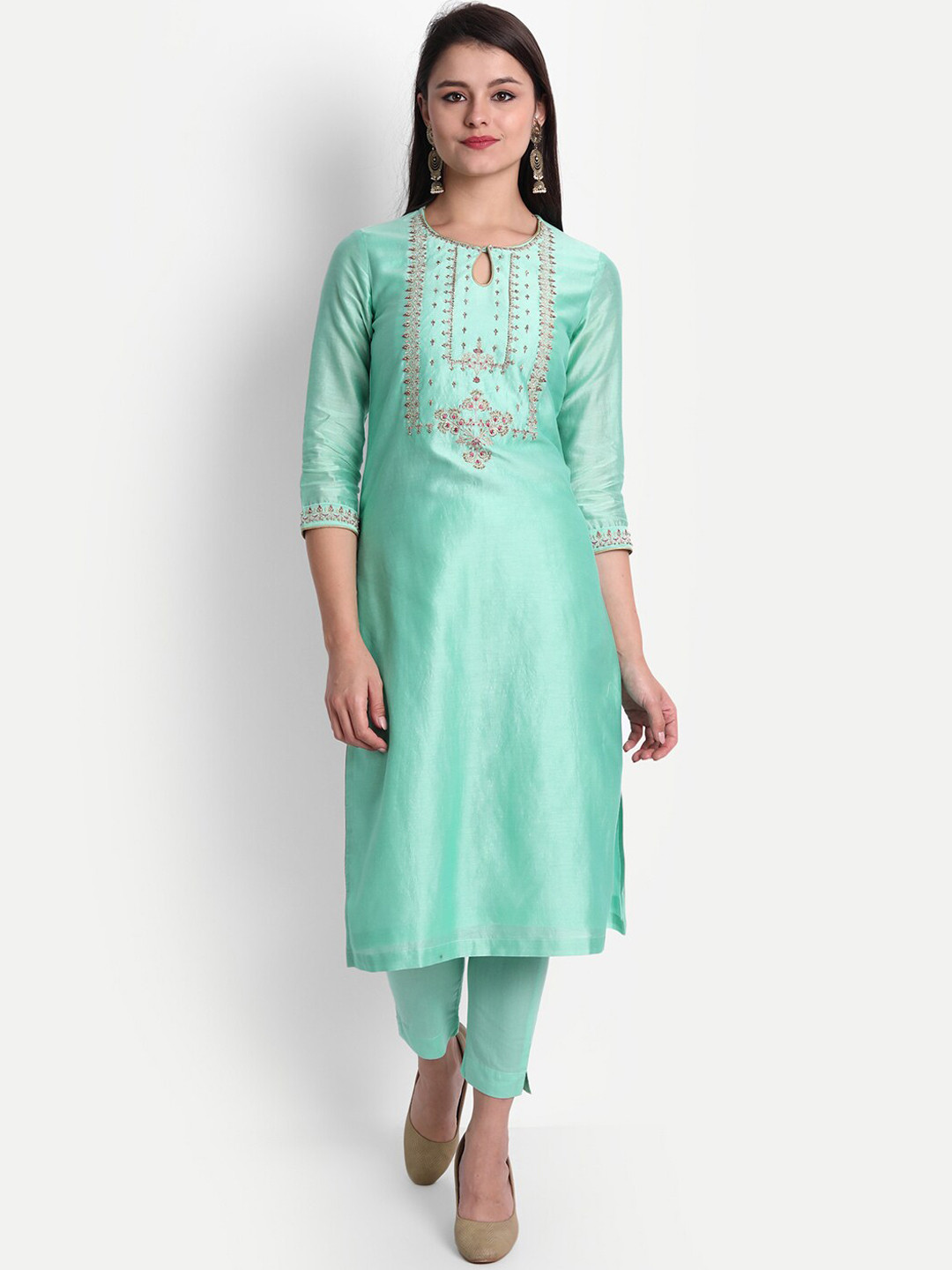 SHEREEN Women Turquoise Blue Embroidered Beads and Stones Kurti with Trousers & With Dupatta