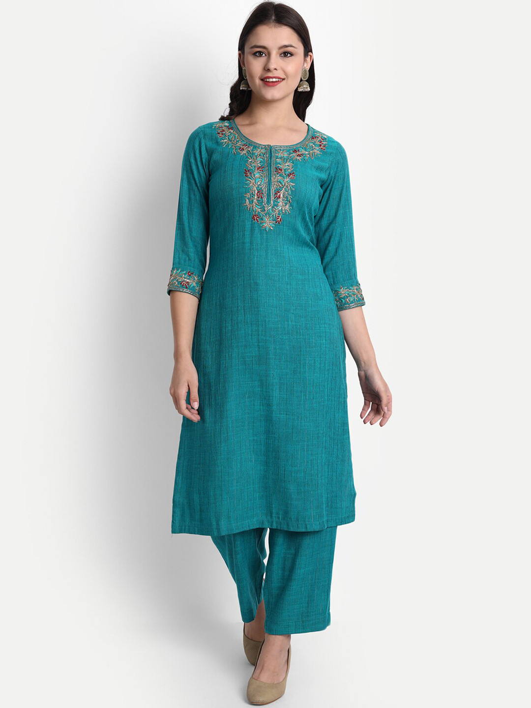SHEREEN Women Green Embroidered Kurta with Trousers & With Dupatta