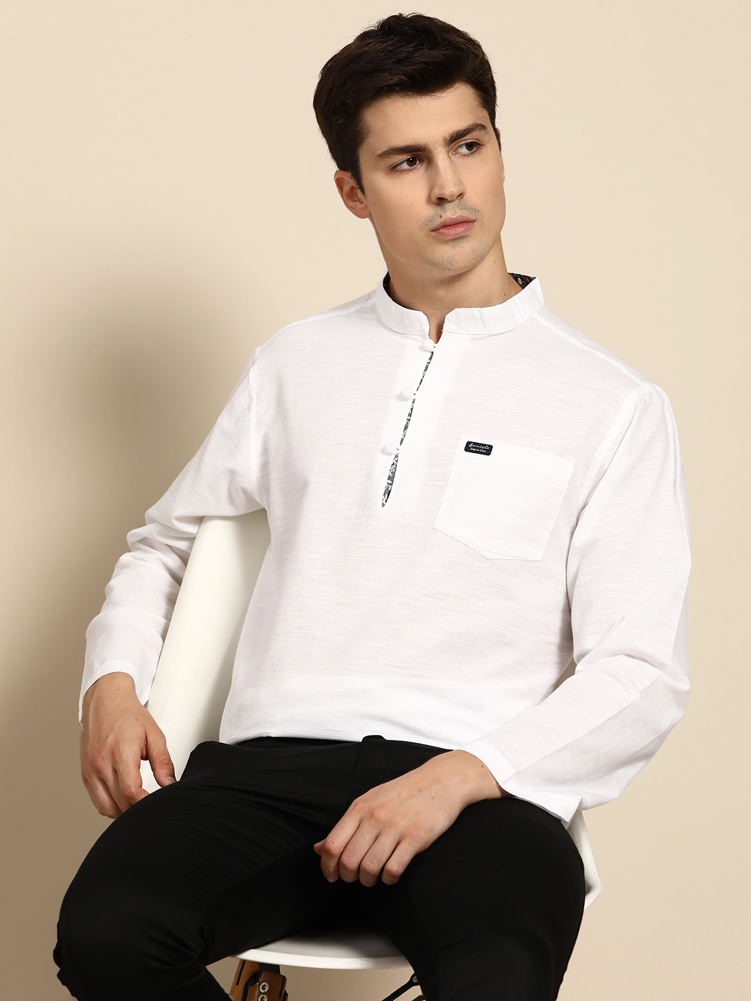 ARMISTO Men White Full Sleeves Linen Kurta