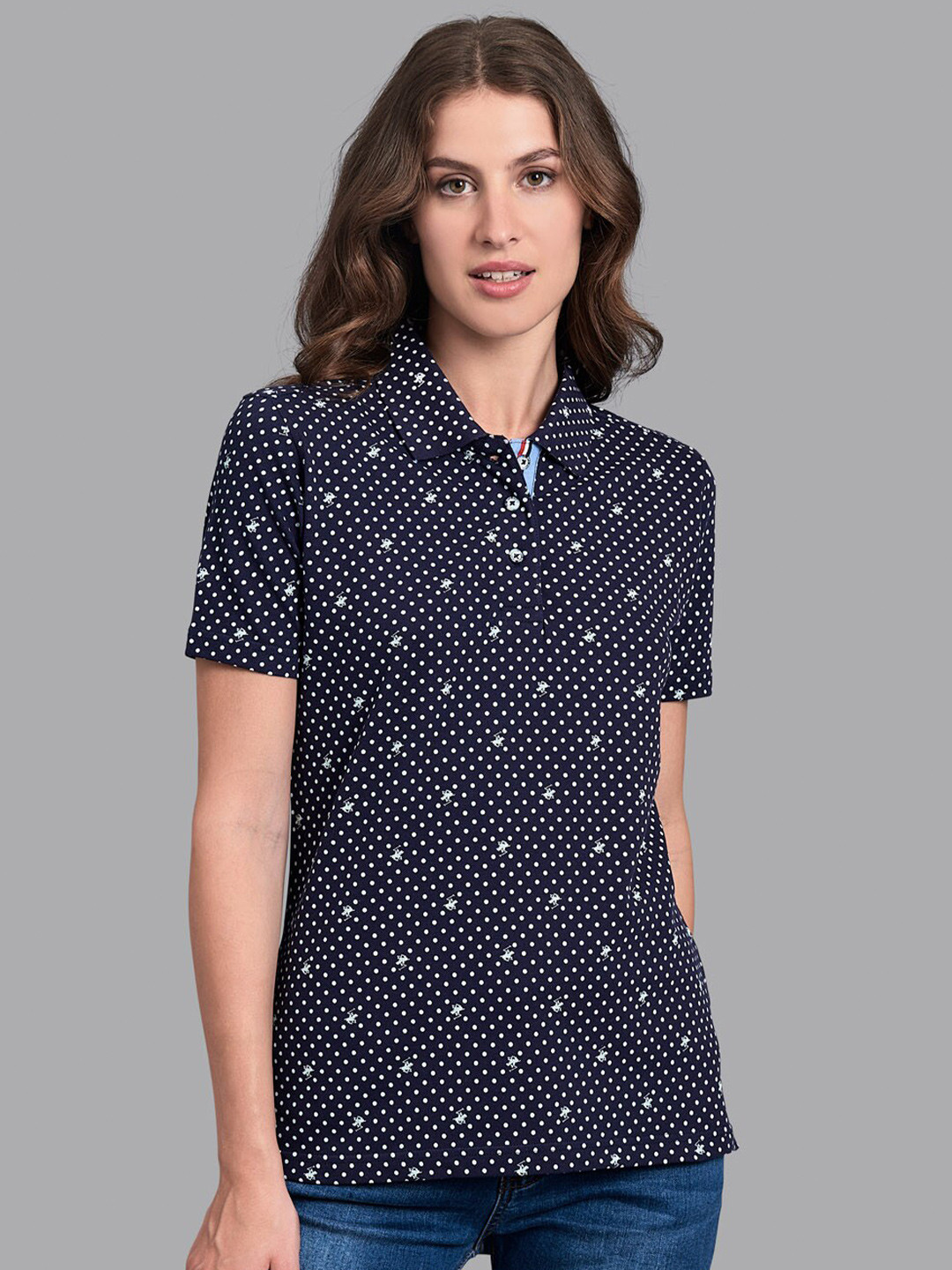 Beverly Hills Polo Club Women Navy Blue Polka Dot Print Polo Collar T-shirt