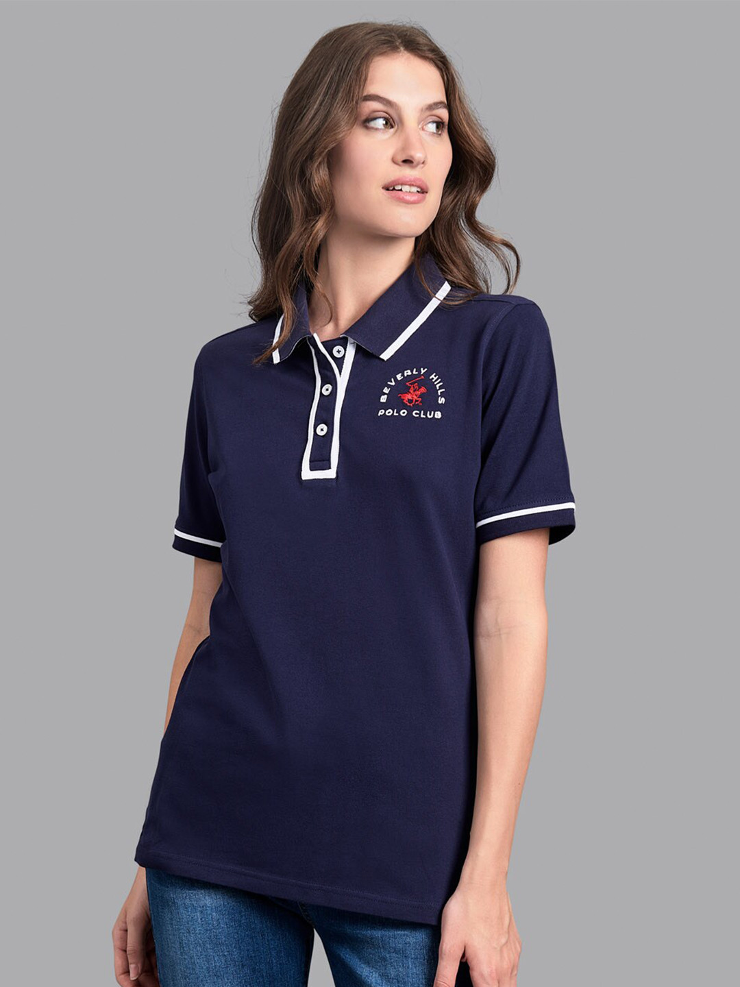 Beverly Hills Polo Club Women Navy Blue Varsity Polo Collar T-shirt