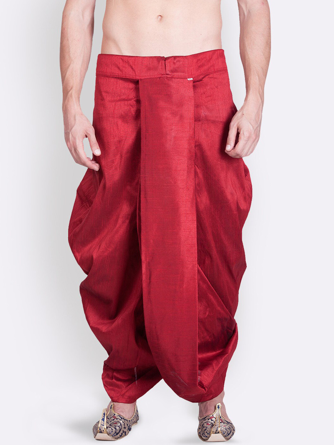 Here&Now X Sanwara  Men Red Solid Art Silk Dhoti Pant