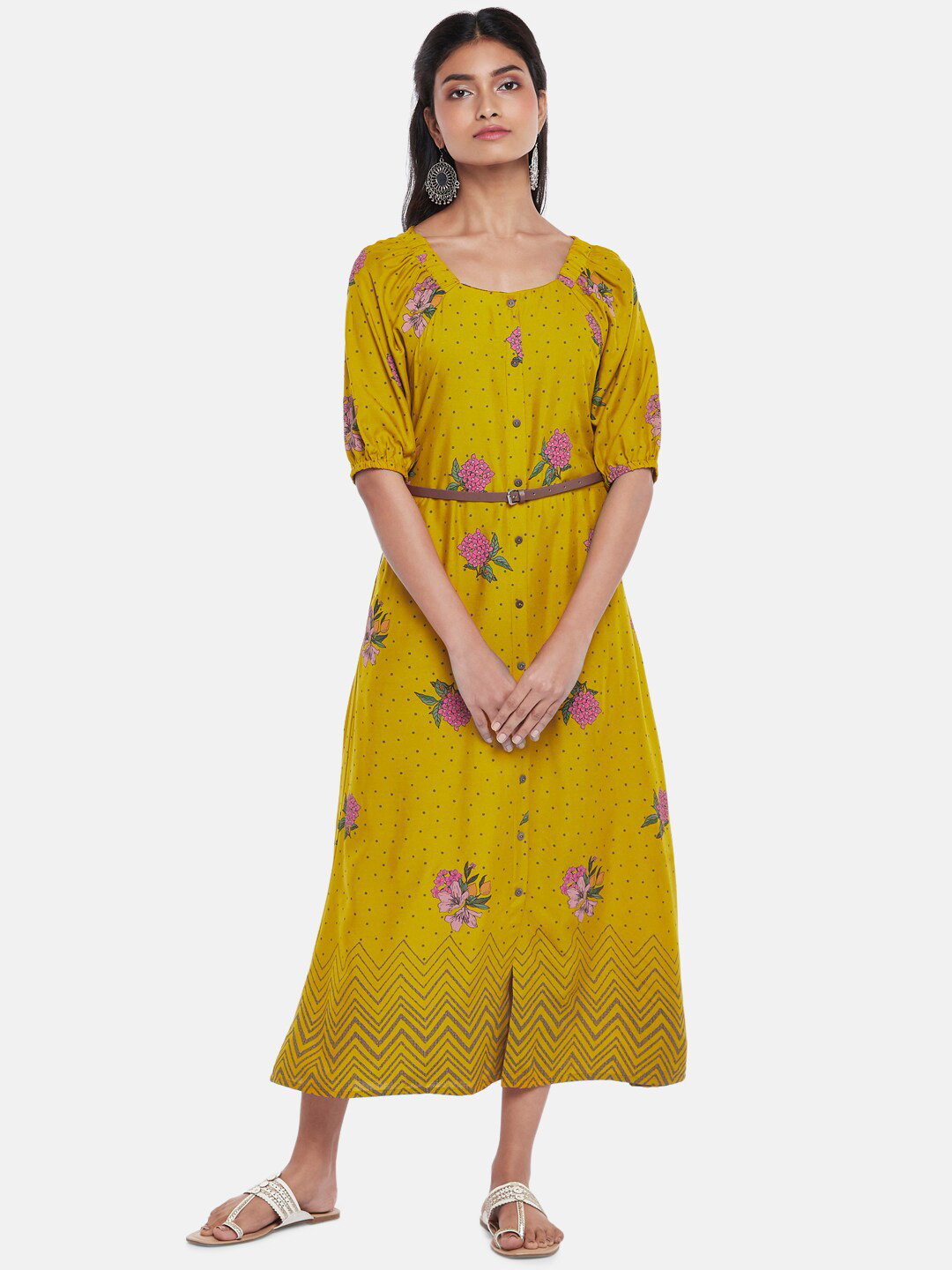 AKKRITI BY PANTALOONS Mustard Yellow Floral Midi Dress