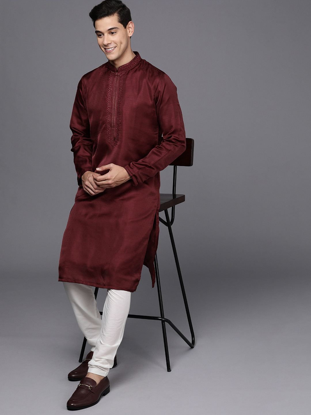 Manyavar Men Maroon Yoke Design Sequinned Kurta with Churidar