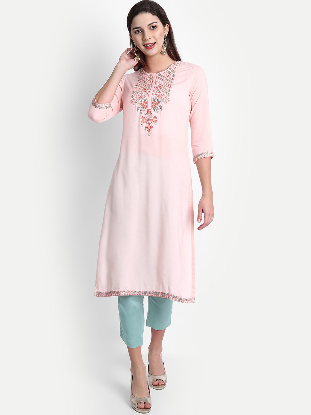 SHEREEN Women Peach-Coloured Ethnic Motifs Embroidered Thread Work Kurta