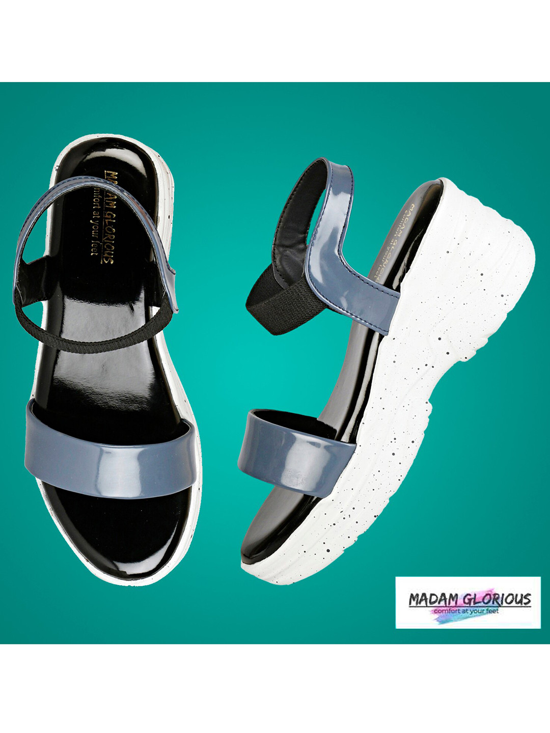 madam glorious Blue & Black Colourblocked Platform Heels