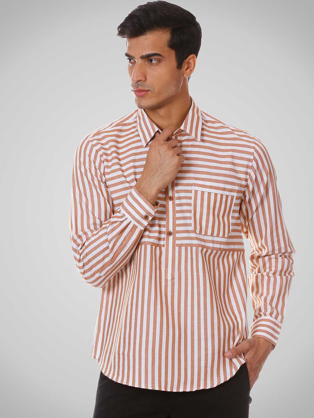 SHIRT THEORY Men Brown Striped Cotton Full Sleeves Casual Shirt for Men