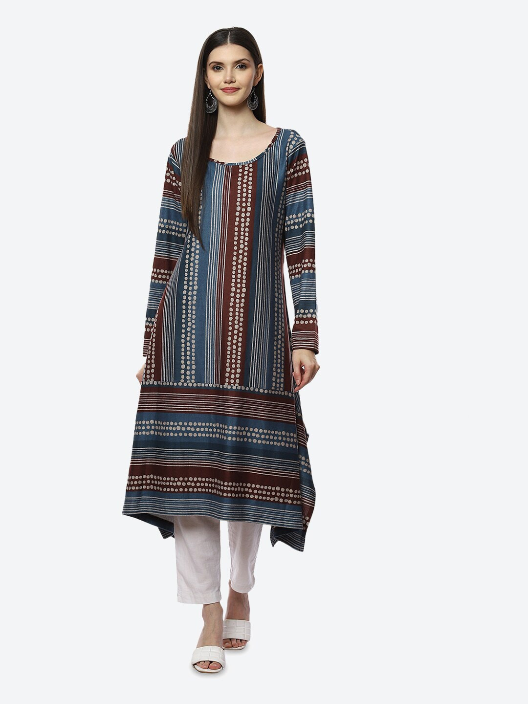 Biba Blue & Maroon Striped Ethnic A-Line Midi Dress