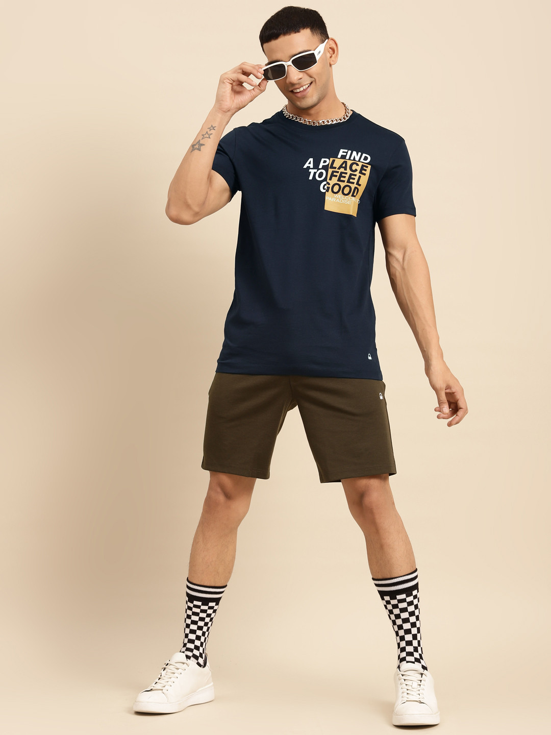 United Colors of Benetton Men Navy Blue Typography Printed Pure Cotton T-shirt