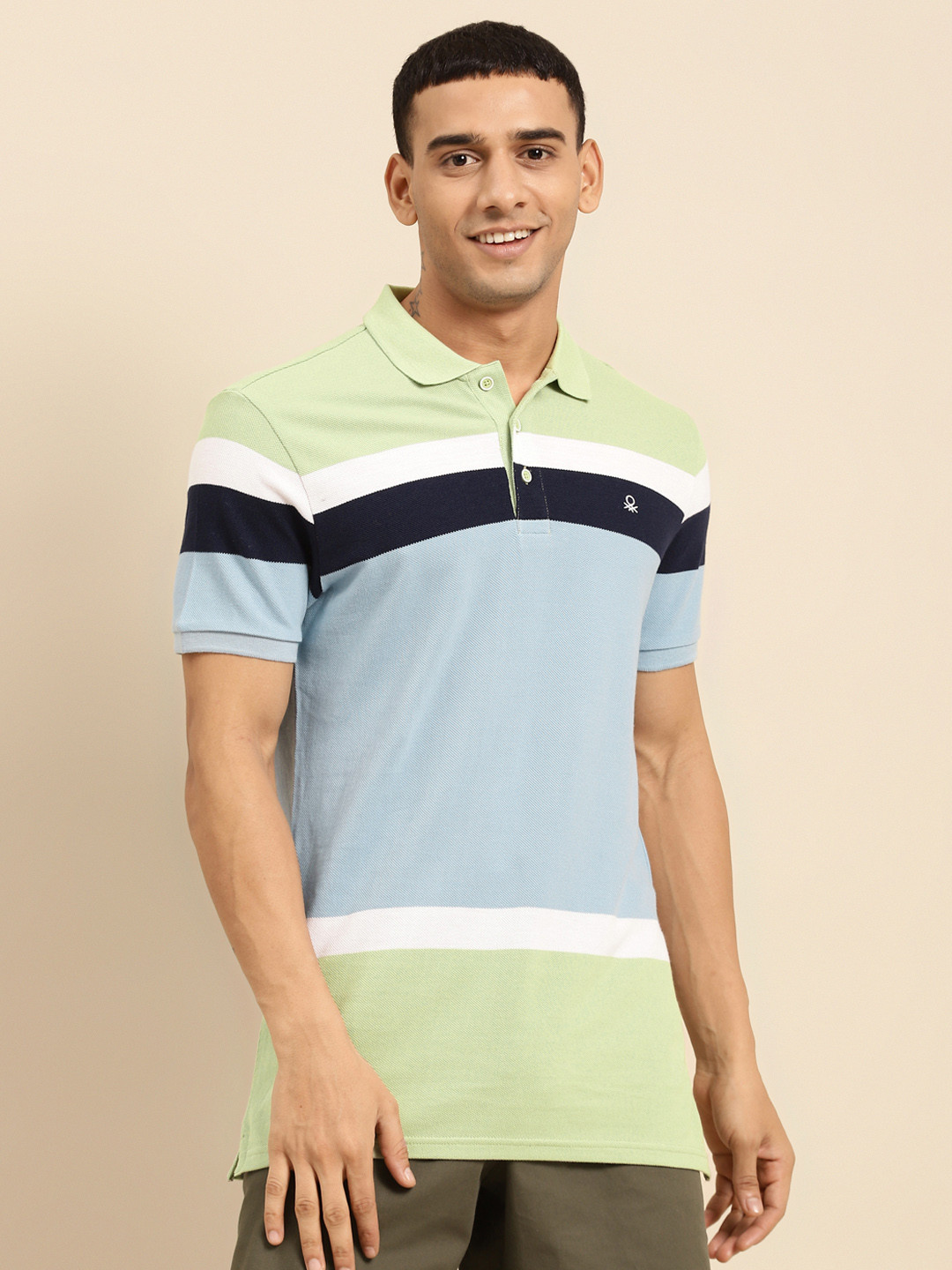United Colors of Benetton Men Green & Blue Colourblocked Polo Collar Pure Cotton T-shirt
