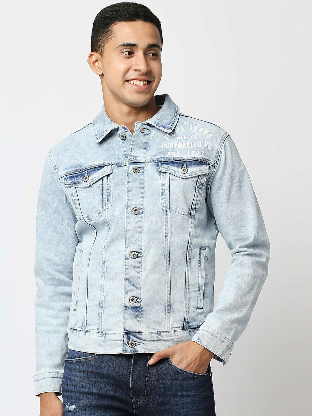 Pepe Jeans Men Blue Washed Checked Crop Denim Jacket